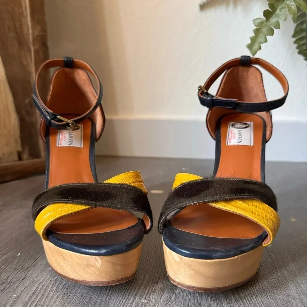 Lanvin Espadrille Leather Wedge Sandal Ankle Strap Paris 37 Multicolor Emboss - Picture 3 of 9